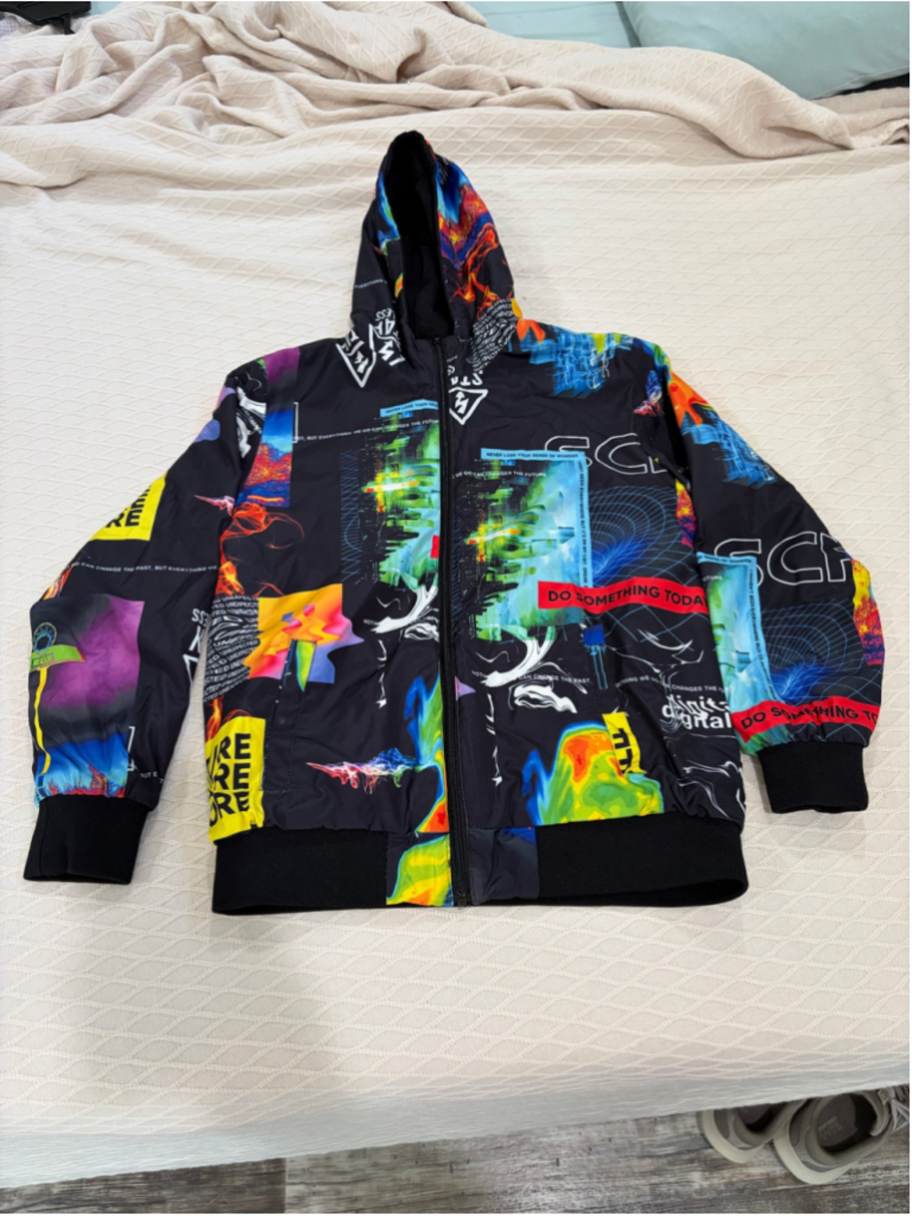 Kids Unbranded Graphic Print Zip-Up Hoodie Jacket Black Multicolor Size 12/14